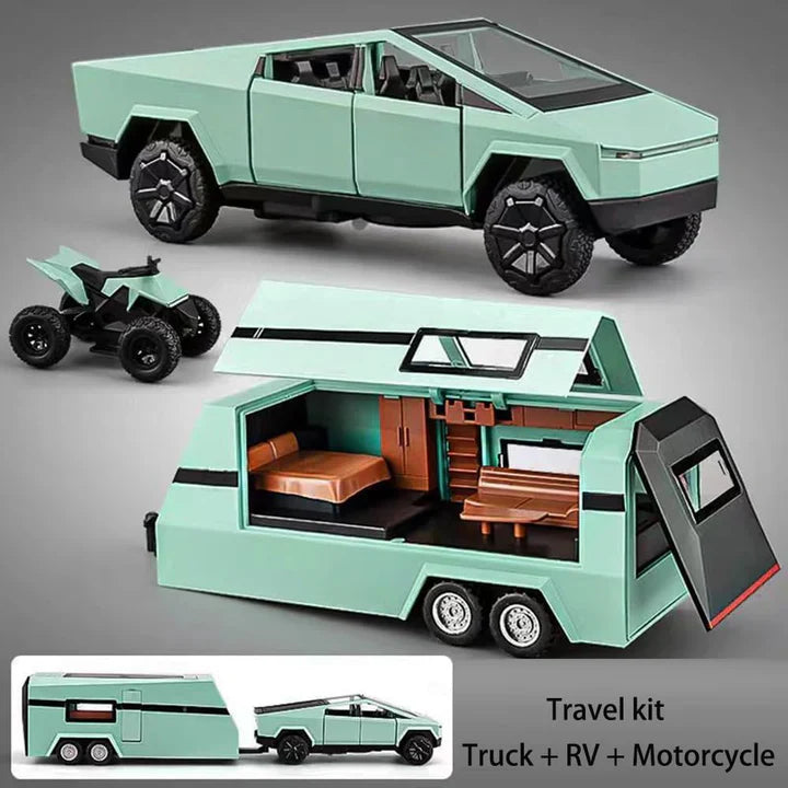 Tesla Cyber Truck Pickup Trailer Camper - Diecast Metal Car - Scale 1:24