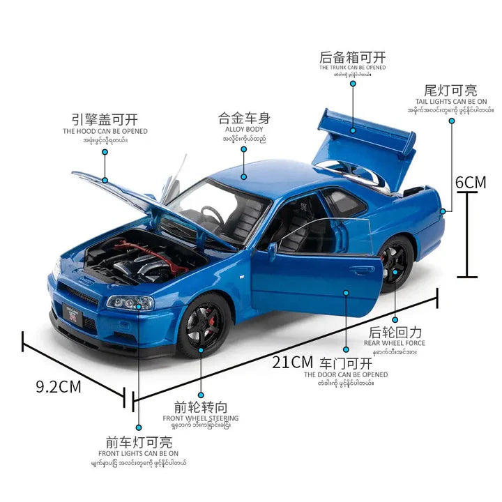 Nissan Skyline Gtr 34- Diecast Metal Car - Scale 1:24