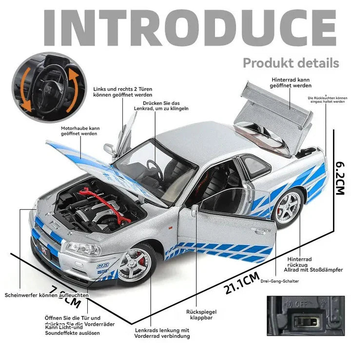 Nissan Skyline Gtr 34- Diecast Metal Car - Scale 1:24